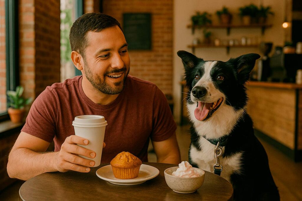 A person holding a coffee cup sits at a table with a muffin and a bowl of whipped cream beside a happy black and white dog in a cafe.