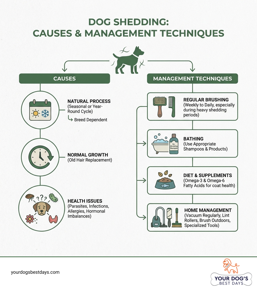 Infographic on dog shedding, detailing causes and effective management techniques for pet owners.