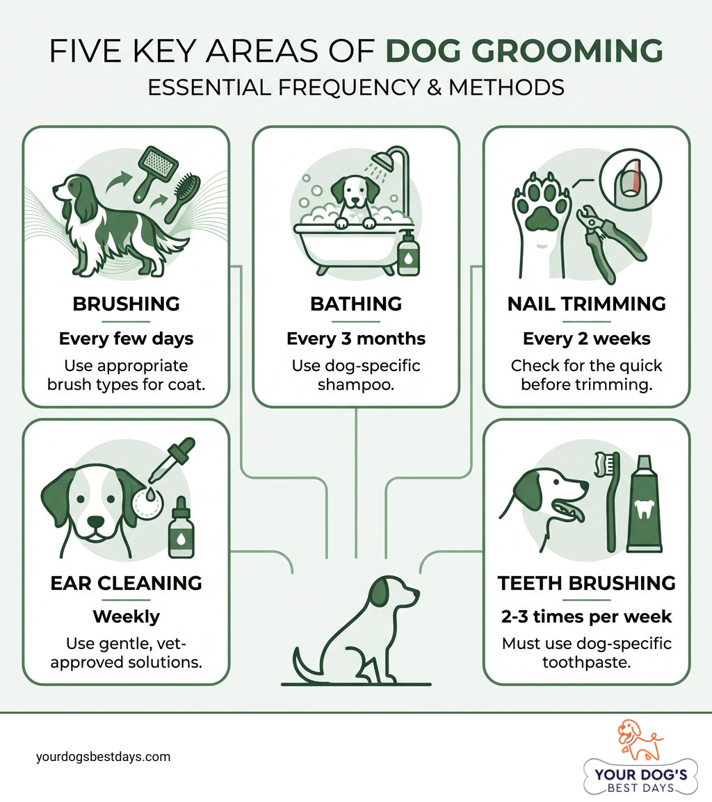 Infographic illustrating five essential areas of dog grooming for pet owners to consider.