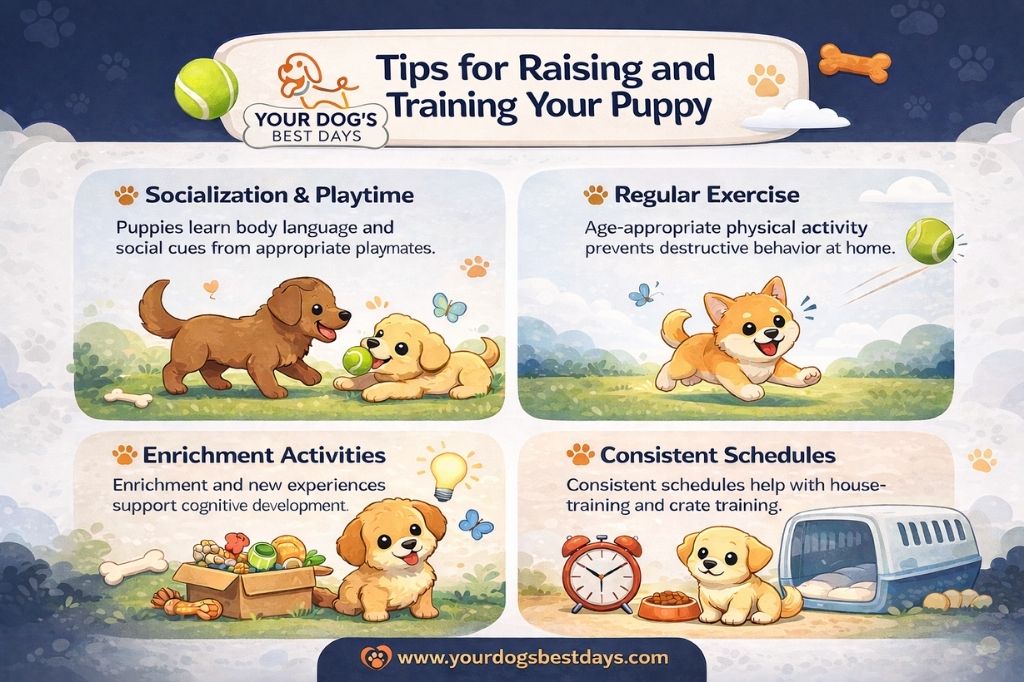 Infographic offering tips for raising and training puppies, covering socialization, regular exercise, enrichment activities, and consistent schedules with playful illustrations.