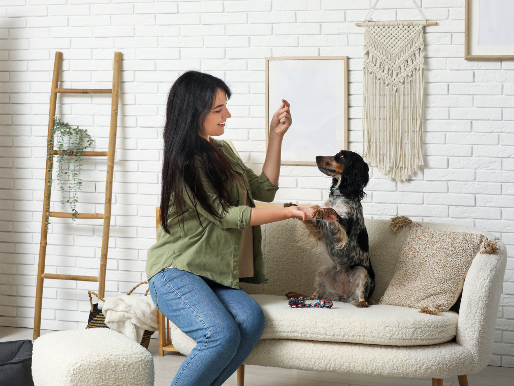 user-inserted A woman sits on a couch, gently petting a dog resting beside her, both appearing relaxed and content.