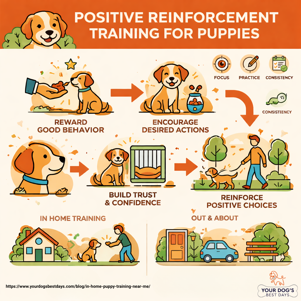 user-inserted Infographic illustrating positive reinforcement training techniques for puppies, featuring tips and visual examples.