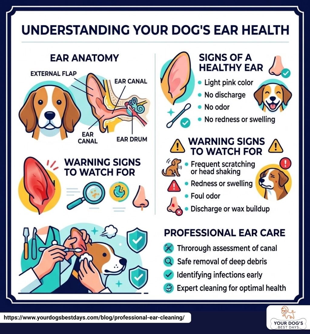 user-inserted Infographic explaining a dog's ear anatomy, signs of a healthy ear, warning signs to watch for, and the importance of professional ear care.