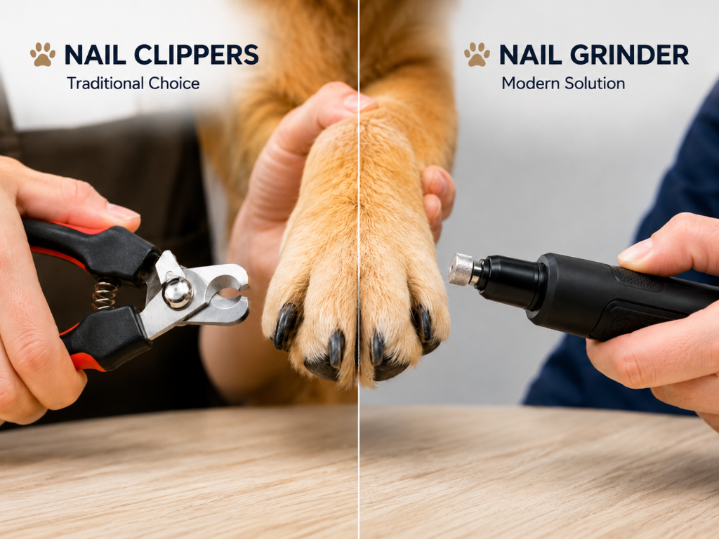user-inserted A dog is featured in two images with a nail clipper and a nail cutter, highlighting tools for trimming pet nails.