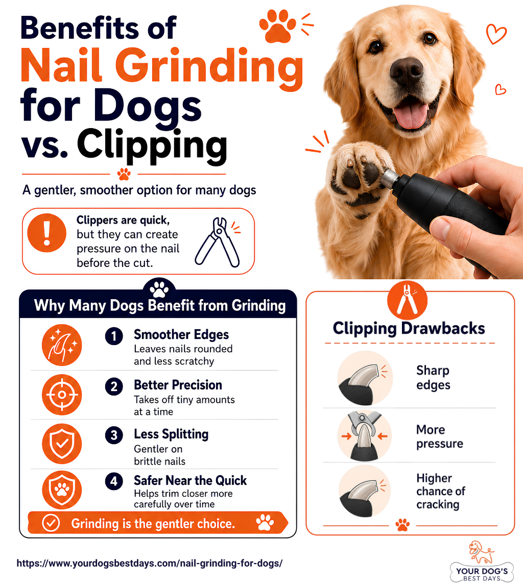 user-inserted Infographic illustrating the benefits of nail grinding for dogs, including comfort, safety, and reduced risk of injury.