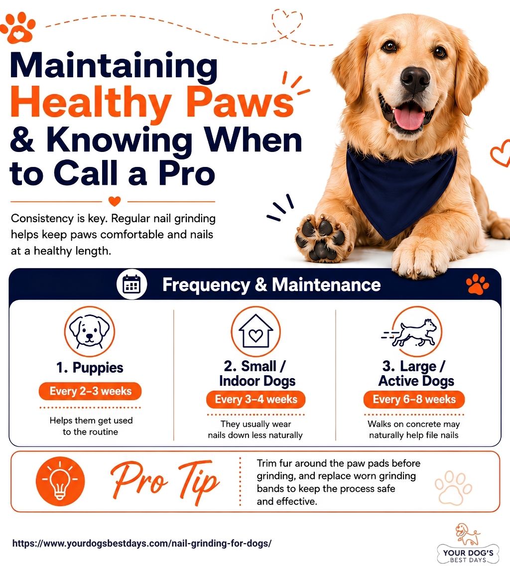 user-inserted Infographic titled "Maintaining Healthy Paws" showing a dog nail trim frequency schedule for puppies, small, and large dogs.