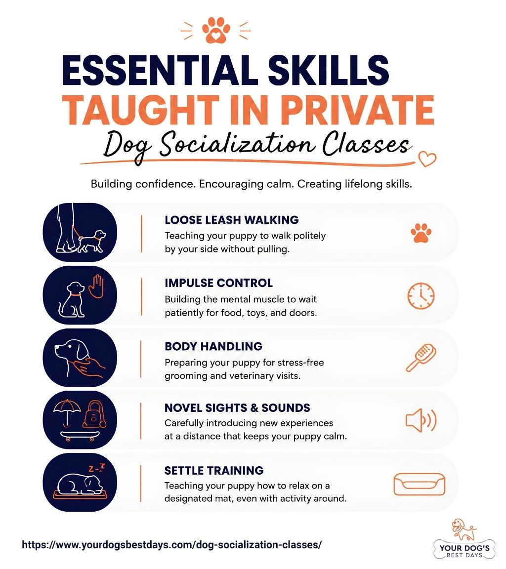 Infographic detailing five essential skills taught in private dog socialization classes, including loose leash walking and impulse control.