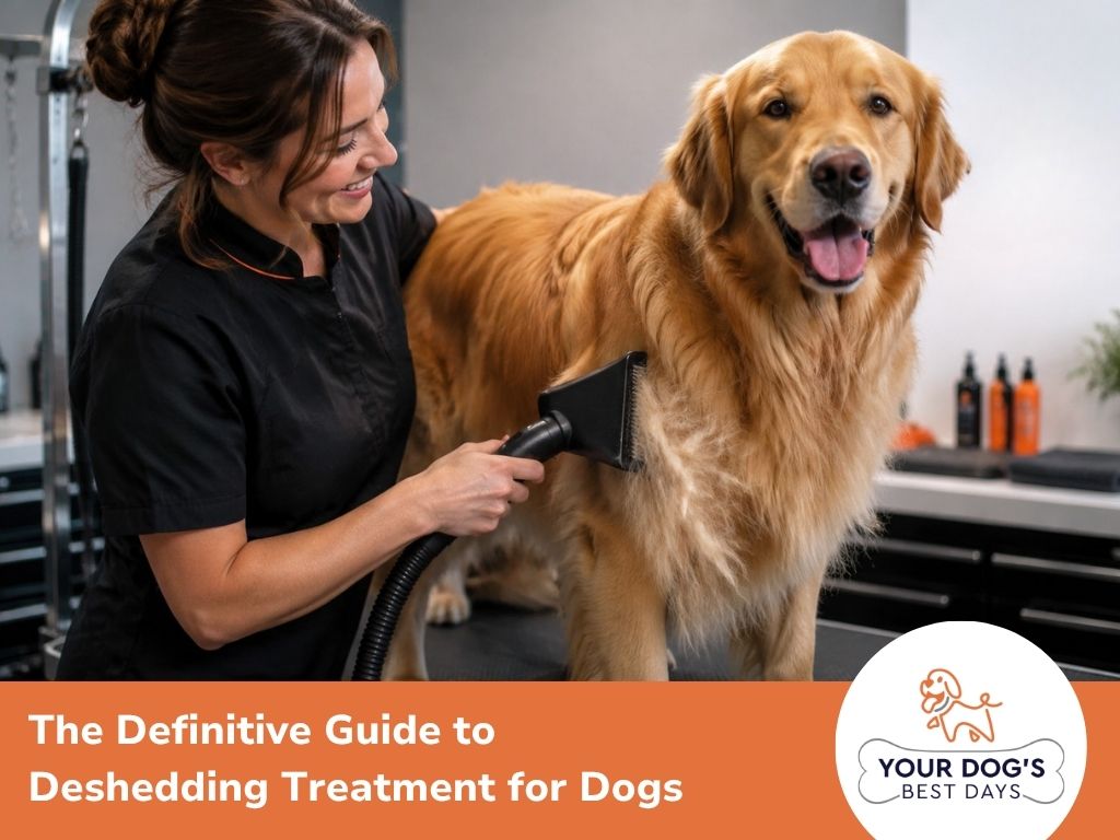 Cover image for a guide to dog deshedding treatments, showing a groomer blowing out a golden retriever's coat.