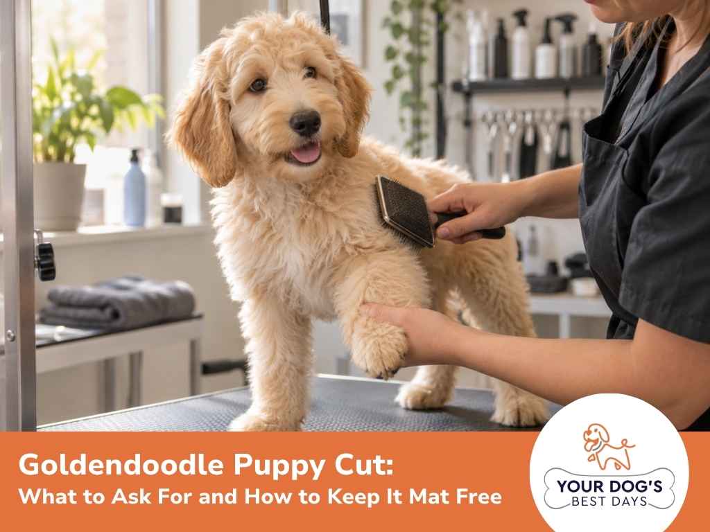 A groomer brushes a fluffy goldendoodle puppy's leg to prevent matting.